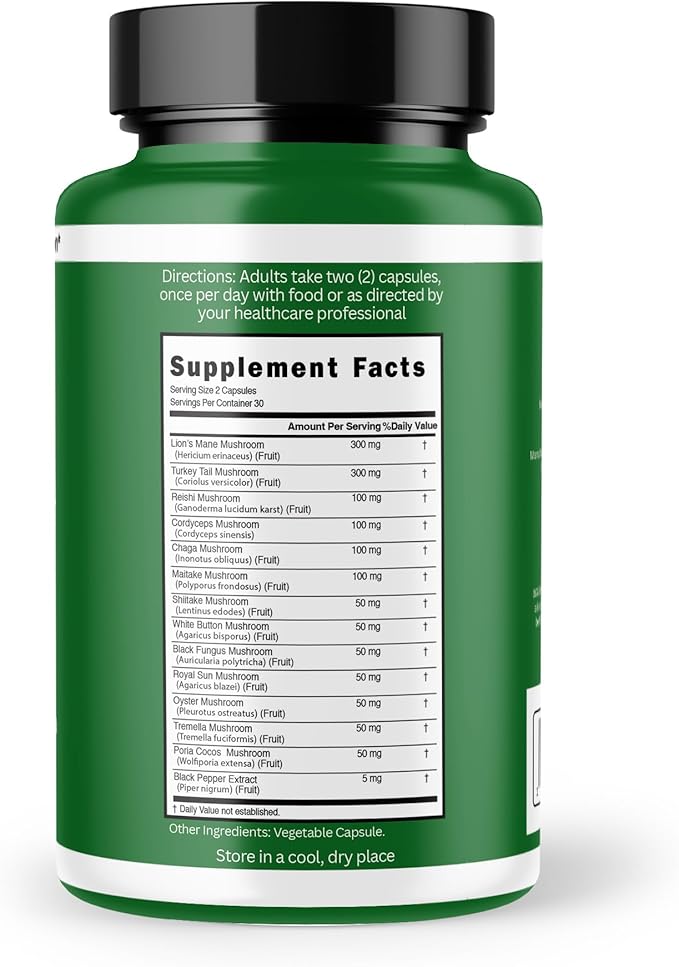 Mushroom Complex Capsules, 13-in-1 Mushroom Supplement, Lion's Mane, Reishi, Cordyceps, & More, Promotes Focus, Clarity, & Memory, Extract Supplement, 1 Month Supply, 60 Count