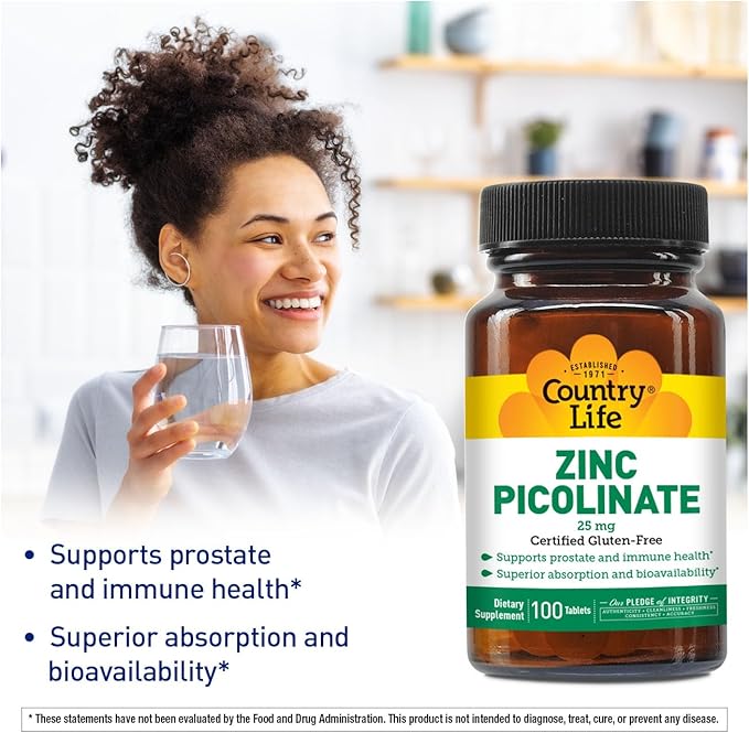 Country Life Zinc Picolinate 25 mg - Superior Absorption Zinc Supplement for Immune Support, Prostate Health & Cellular Wellness - Certified Gluten-Free, Vegan & Halal, Non-GMO - 100 Tablets