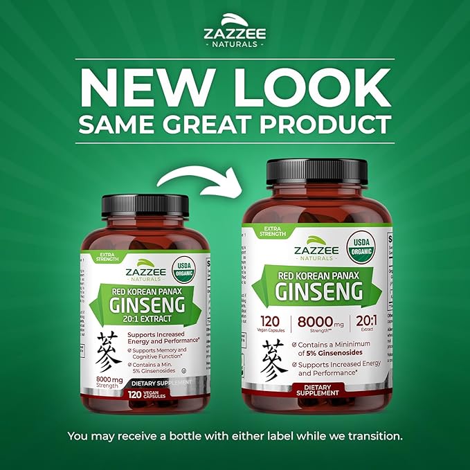Zazzee USDA Organic Red Korean Panax Ginseng 20:1 Extract, 8000 mg Strength, 5% Ginsenosides, 120 Vegan Capsules, Standardized and Concentrated 20X Root Extract, 100% Vegetarian, All-Natural, Non-GMO
