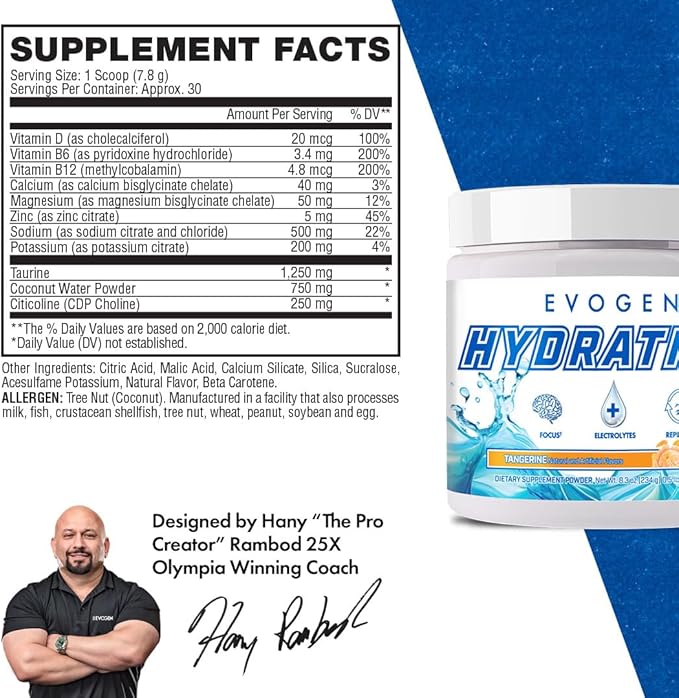 Evogen Hydration - Electrolytes Powder | Sugar-Free Electrolyte Powder Supplement for Hydration, Energy, and Recovery | Coconut Water, B Vitamins, Potassium | Tangerine | 30 Servings