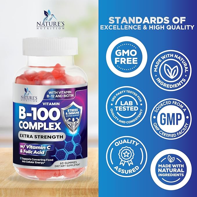 B Complex Gummy with Vitamin C & Folic Acid, Extra Strength Vitamin B Gummies Supplement with Niacin, B6, Folic Acid, Super B12, Biotin, Nature's Energy Immune Support Supplements - 60 Gummies