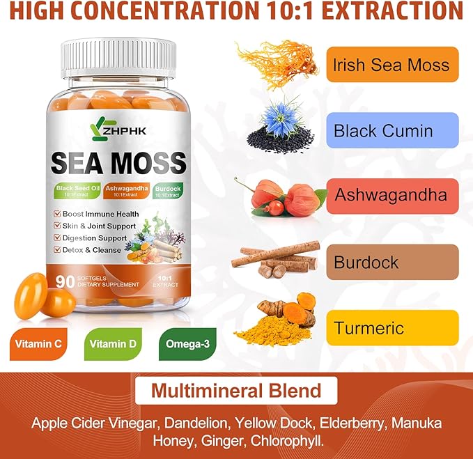 Organic Sea Moss Softgels with Black Seed Oil, Ashwagandha, Burdock, Turmeric, Elderberry, Omega 3 for Immune System, Skin, Joint, Energy, Gut Support 180-Count, 90 Days Supply