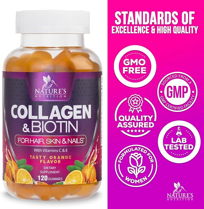 Collagen Gummies with 2500mcg Biotin, Vitamin C & Zinc - Hydrolyzed Collagen Peptide Type 1 & 3 Supplement - Advanced Hair, Skin & Nail Growth Support for Women & Men, Gluten Free, Non-GMO - 120 Count