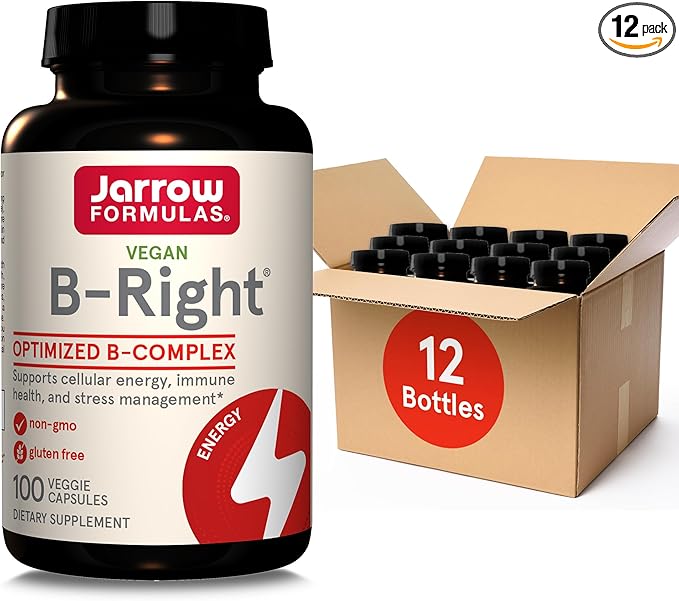Jarrow Formulas B-Right,Optimized B Complex Featuring VIT B1,B2,B5,B6,B12 and B9 to Support Cellular Energy,Immune Health and Stress Management,100 Veggie Caps,Up to a 100 Day Supply, Pack of 12