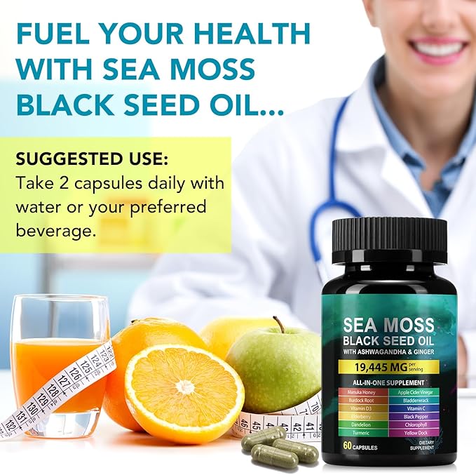 Sea Moss 3000mg Black Seed Oil Capsules 2000mg Ashwagandha Supplements 1000mg Bladderwrack Turmeric Burdock & Vitamin C & D3 Manuk Honey Dandelion Yellow Dock Chlorophyll ACV