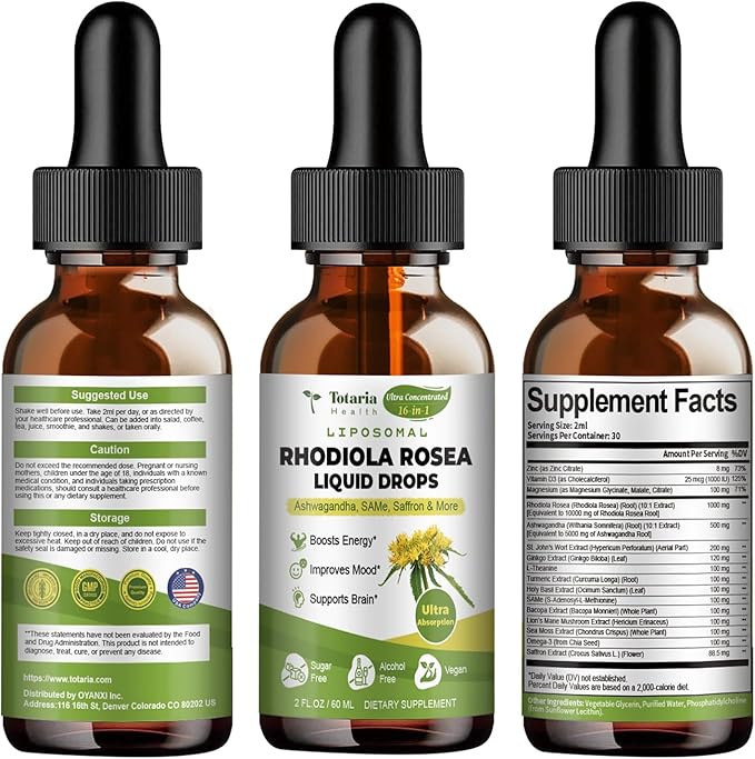 16-in-1 Liposomal Rhodiola Rosea Tincture, Ultra Strength Rhodiola Supplement w/Ashwagandha, Saffron, Magnesium, SAM-e, Rhodiola Rosea Extract Liquid Drops for Natural Relaxation, Mood, Energy