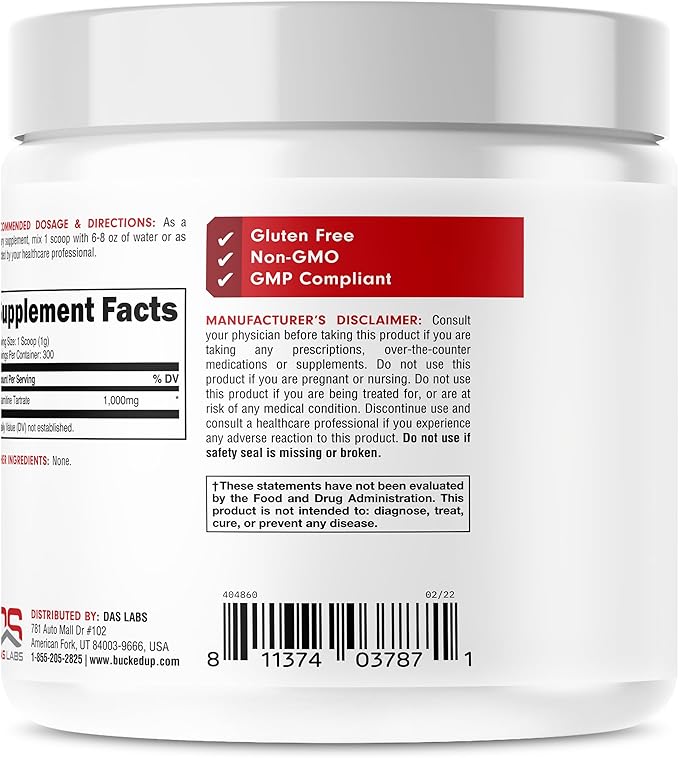 Bucked Up L-Carnitine Tartrate 1000mg Powder, Essentials (300 Servings)