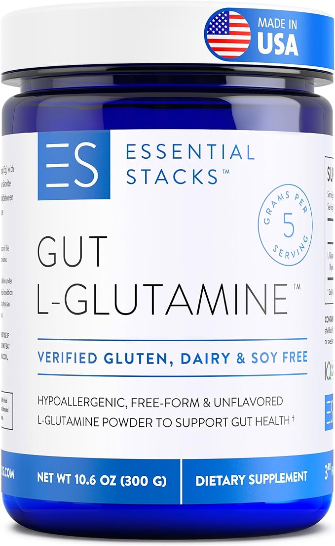 Essential Stacks Gut L-Glutamine Powder - Exclusively Made in USA - Pure L Glutamine Powder for Gut Health (60 Servings, Unflavored)