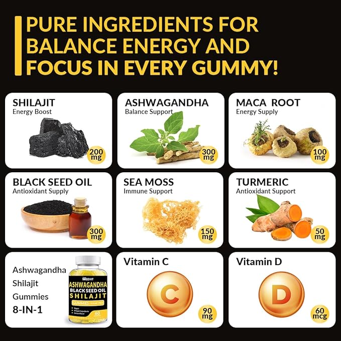 Ashwagandha Gummies, Shilajit Black Seed, Sea Moss, Maca Root, Turmeric, All in One Supplement