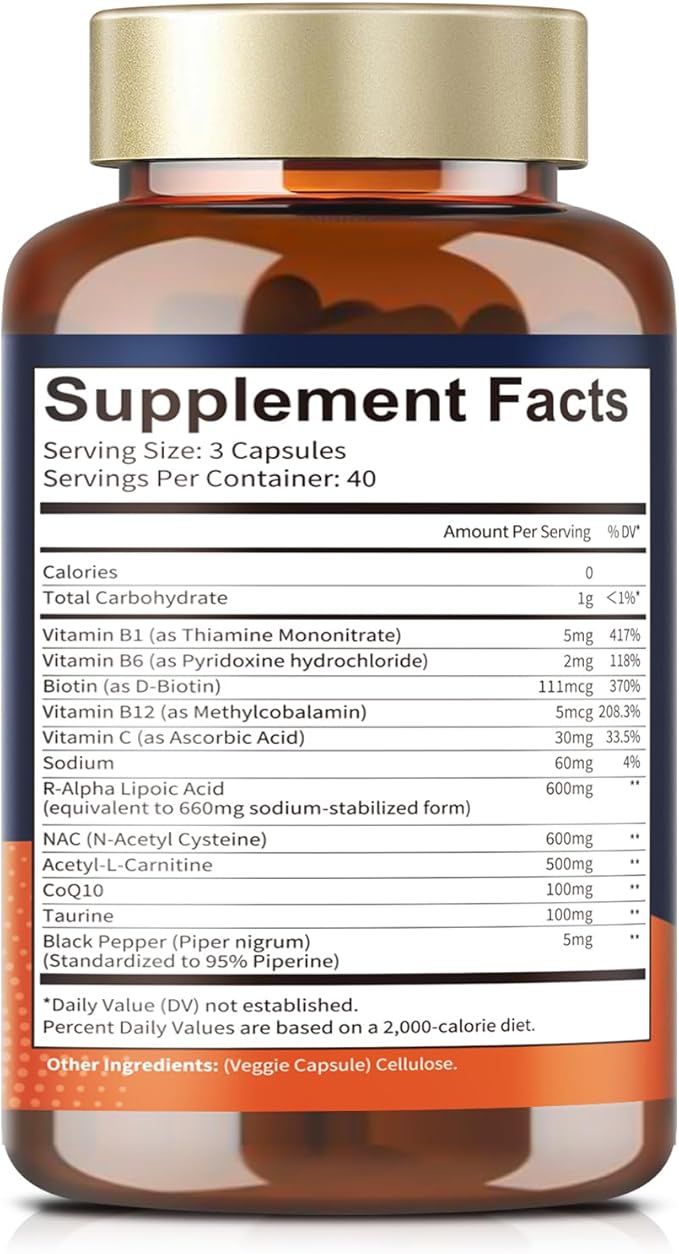 R Alpha Lipoic Acid 600mg - ALA Supplement Capsules for Neuropathy Support Supplement Antioxidant, Nerve Health, Liver Detox, Metabolism and Cell Energy, Anti-Aging, Non-GMO, Gluten Free, Vegan Safe