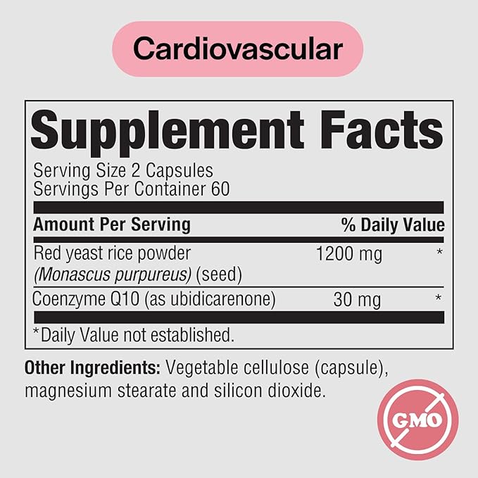 PureFormulas Red Yeast Rice with CoQ10 Supplement - Extra Strength Red Yeast Rice 1200 mg. Capsules, Cholesterol Support Coq10 100mg Cholesterol Supplements 120 Capsules (2 Months)