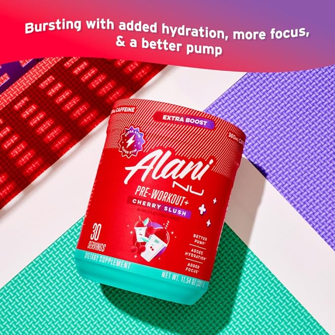 Alani Nu Pre Workout+ Powder Cherry Slush, Extra Boost, Sugar Free, 300mg Caffeine, L-Theanine, Beta-Alanine, Citrulline, 30 Servings