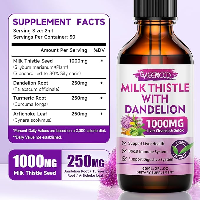 2 Pack Milk Thistle Liquid Drops - Liver Cleanse Detox & Repair - 1000mg Milk Thistle Supplement for Liver Support, Silymarin Liver Supplement for Liver Health, Vegan, Non-GMO, 4 Fl Oz