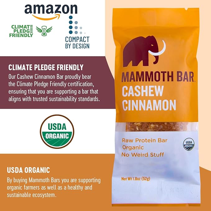 Cashew Cinnamon Bar- Organic, Paleo, Gluten Free and Raw by Mammoth Bar, 10-12g Protein, 1.8 Oz. Bar (10 Bars) …