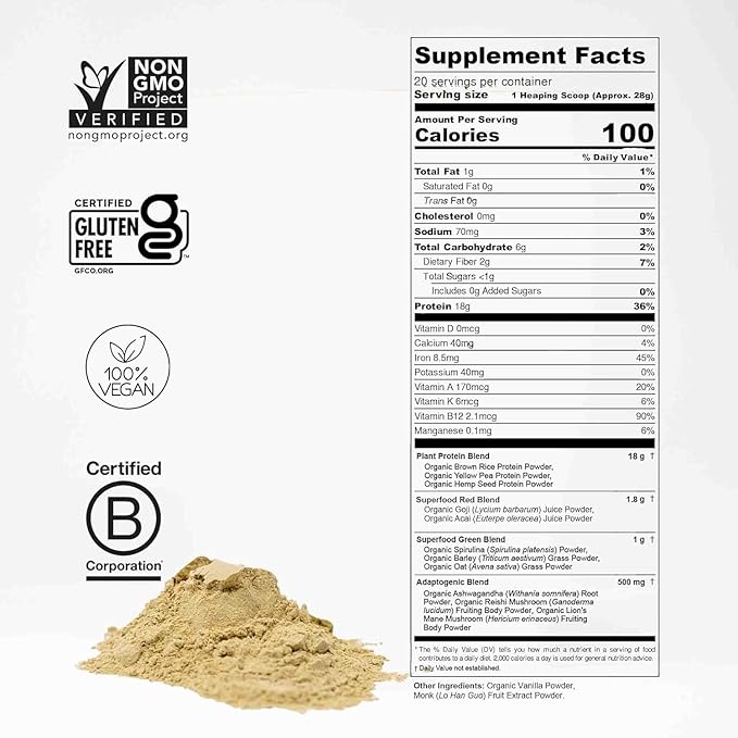 Plant Based Protein Powder w/Superfoods, Ashwagandha, Reishi, Lions Mane for Optimal Health | 18G of Organic Vanilla Vegan Protein, Gluten Free, Stevia Free, Sugar Free, 20 Servings