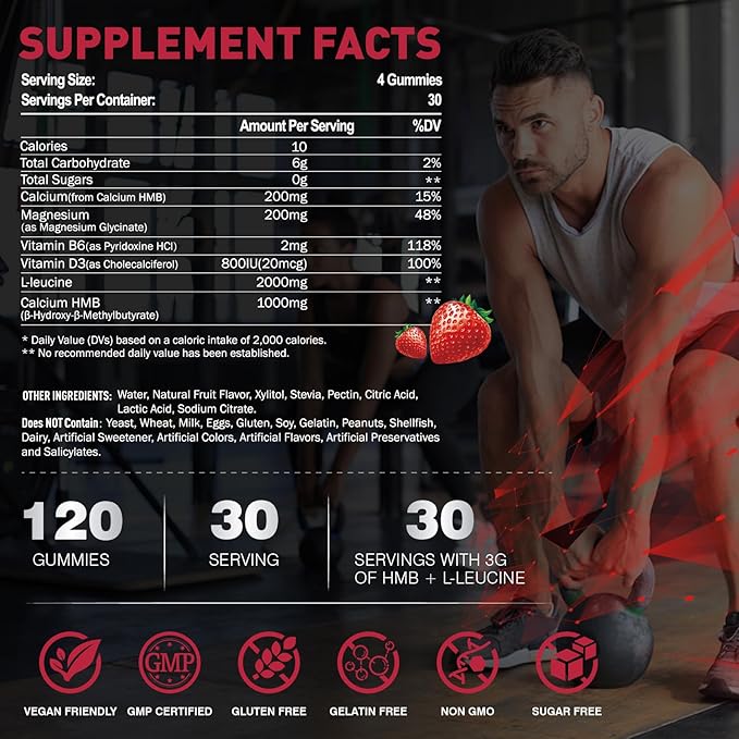 HMB and L-Leucine Gummies, Chewable HMB Amino Acid and Leucine Supplement for Men & Women, Muscle Health & Growth, Immune Support & Overall Health, Vegan Strawberry Flavor, 120 Count