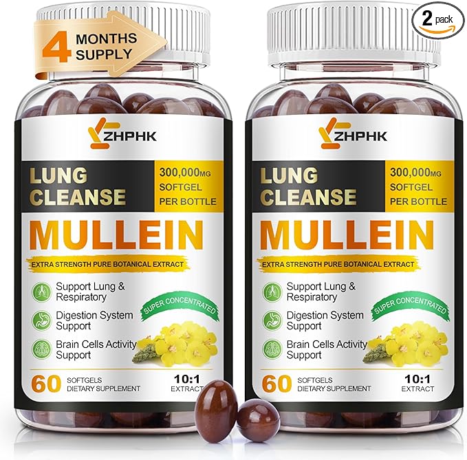 Mullein Leaf Extract for Lungs Softgels, Lung Detox Cleanse Respiratory Lung Support, Herbal Supplements for Smokers, Vegan, Non-GMO, Immune Digestive Support, 120-Count, 120 Days Supply