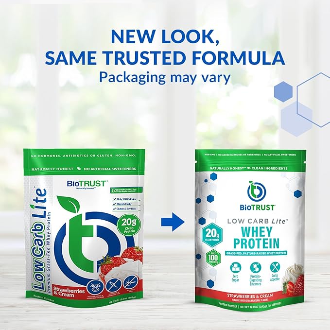 BioTrust Low Carb Lite, 20 Grams of Grass-Fed Whey Protein Isolate, 100 Calories, ProHydrolase Digestive Enzymes, Non-GMO, Free from Soy and Gluten, rBGH-Free (14 Servings) (Strawberries and Cream)