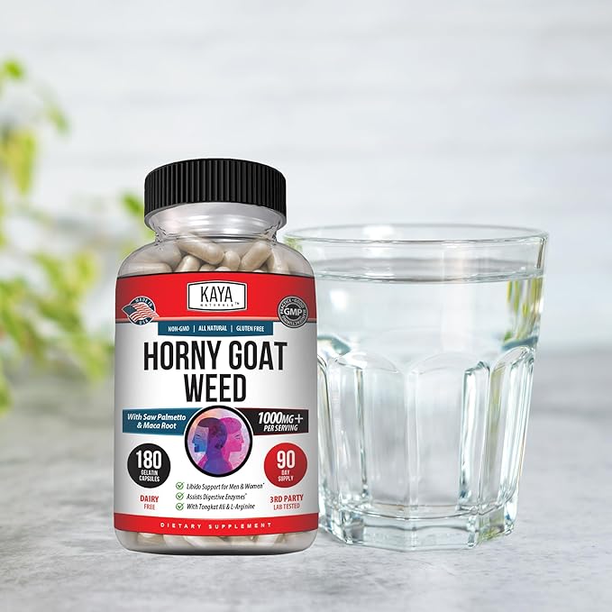 Kaya Naturals Horny Goat Weed Extract - Maca - Extra Strength Complex with Saw Palmetto Ginseng, Arginine Vitamin Supplement - Horny Goat Weed - 180 Count
