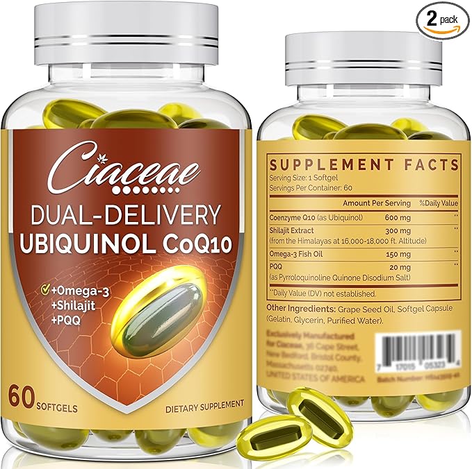 Ubiquinol CoQ10 600 MG Softgels with Omega-3 & Shilajit & PQQ, Advanced Dual-Delivery Coenzyme-Q10, Active CoQ10 Ubiquinol Supplement for Fertility, Antioxidant, Heart, Brain & Energy, 120 Servings