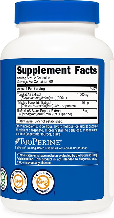 Nutricost Tongkat Ali 1,000mg 120 Capsules - with Tribulus Terrestris and BioPerine, Vegetarian Caps, Non-GMO, Gluten Free, Potent Extract