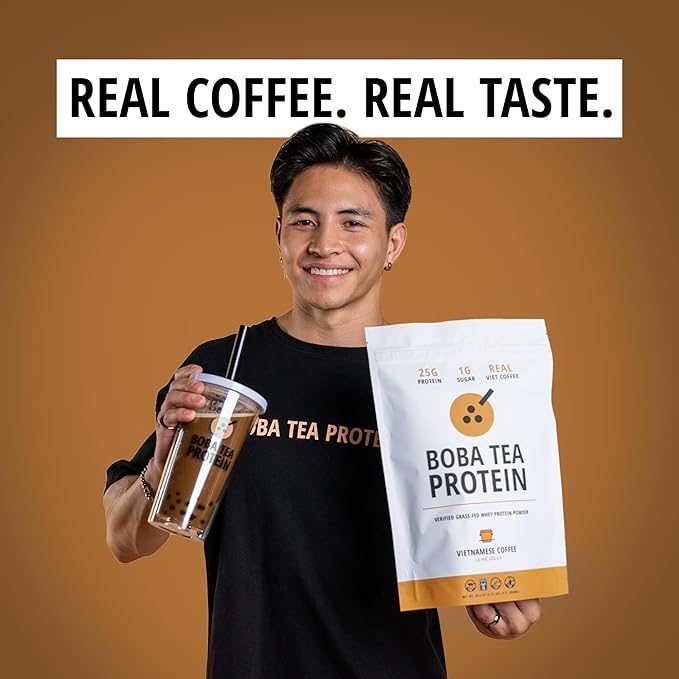 Boba Tea Protein Vietnamese Coffee | 25g Grass-Fed Whey Protein Isolate Powder | 112mg Caffeine | Gluten-Free & Soy-Free Bubble Tea Drink | Real Ingredients & Lactose-Free Protein Drink | 25 Servings