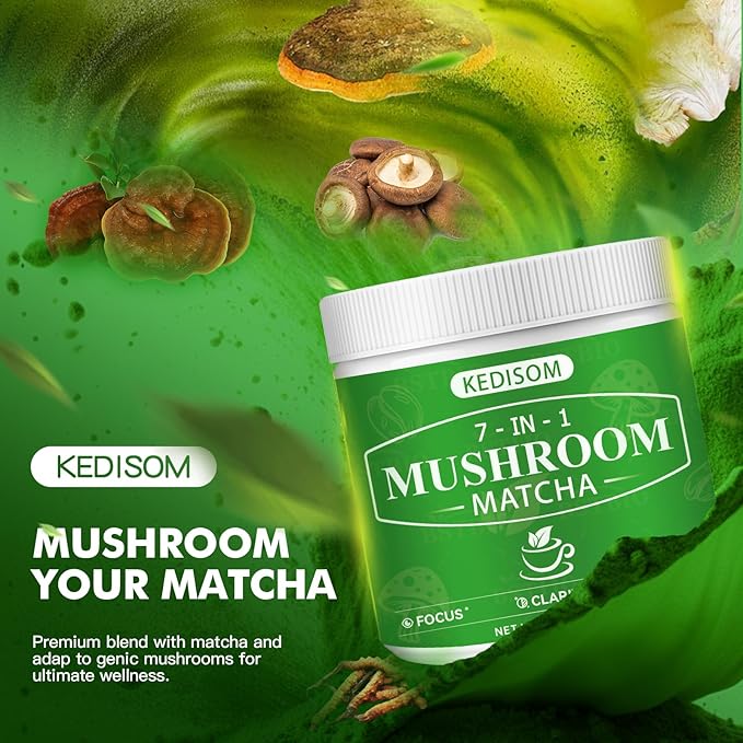Mushroom Matcha 8 Oz | Ceremonial-Grade Japanese Matcha with 7 Adaptogenic Superfood Mushrooms, MCT Oil, Coconut Milk Powder, Natural, Gluten Free, Instant Powder for Energy, Focus, Digestion, Immunity, 45 Servings
