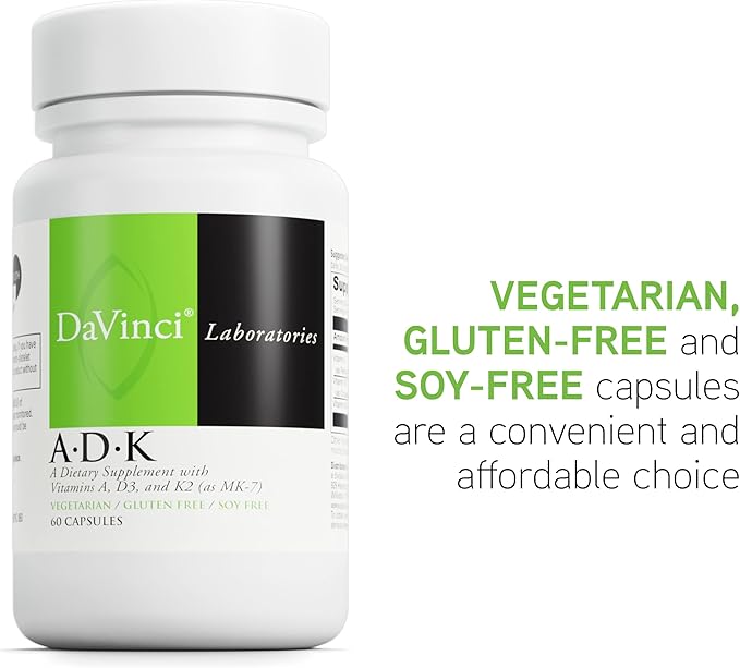DaVinci Labs ADK - Helps Support Bone, Heart & Immune Health* - Dietary Supplement with Vitamins A, D3 & K2 (as MK-7) - Vegetarian, Gluten Free & Soy Free - 60 Capsules