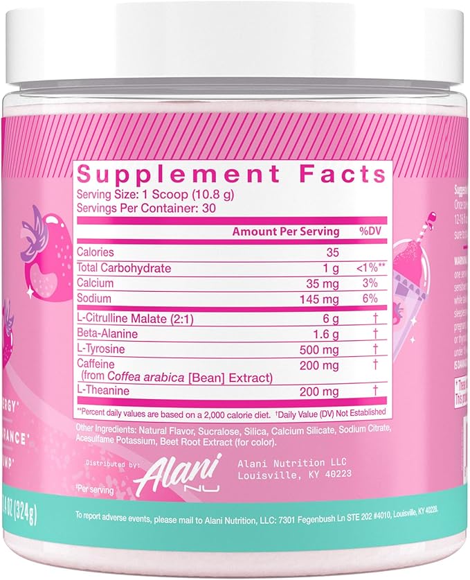Alani Nu Pre Workout Powder Pink Slush, Amino Energy Boost, Endurance Supplement, Sugar Free, 200mg Caffeine, L-Theanine, Beta-Alanine, Citrulline, 30 Servings