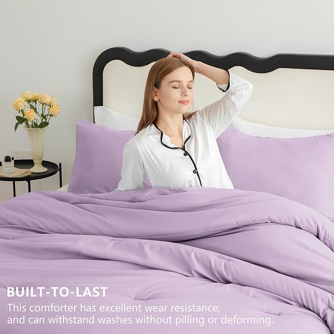 CozyLux Lavender Purple Comforter Set Queen Size, 3 Pieces Solid Breathable Quilted Boho Style Bedding Sets, Luxury Fluffy Soft Microfiber Comforter for All Season(1 Comforter & 2 Pillowcases)