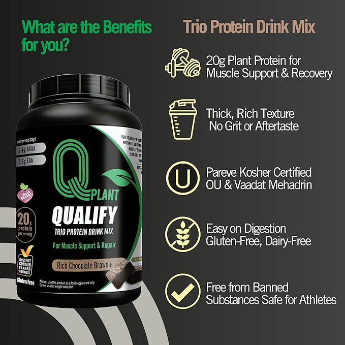 Plant Protein Powder Mix, Trio Rich Chocolate Brownie Flavored, Gluten Free, Vegan, Highly Kosher, 20g Protein, 2.4g BCAA, 26.4 Ounce