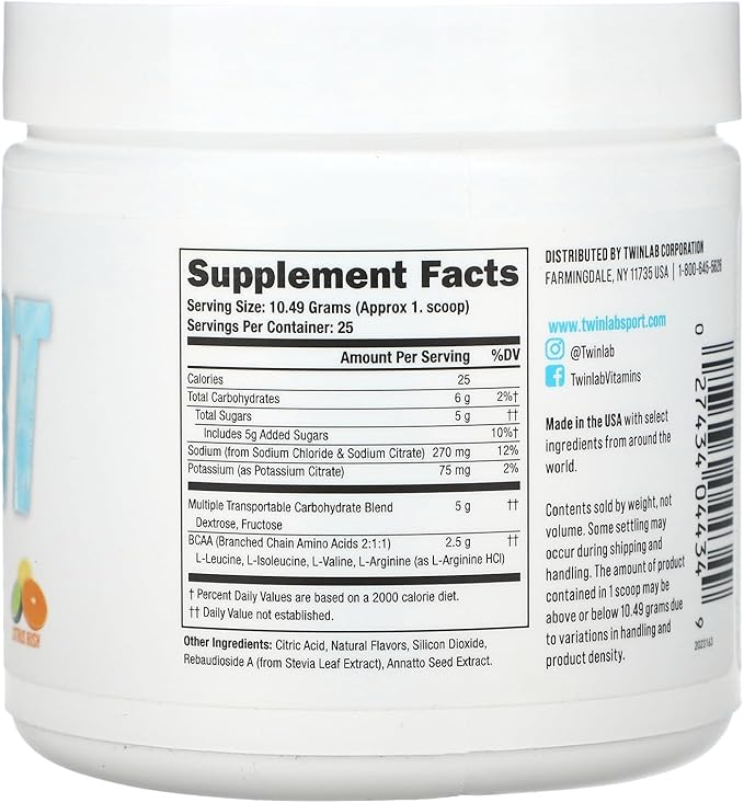 Twinlab Sport Hydration - Natural Electrolyte Powder Drink Mix to Support Hydration - Includes BCAA’s, L-Arginine, Astaxanthin & Carbohydrates - Orange Rush, 9.25 oz, 25 Servings