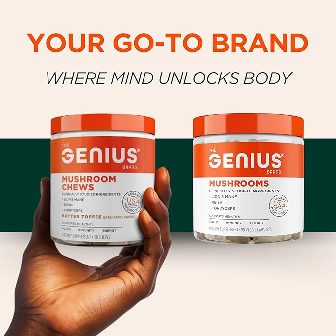 Genius Lion's Mane Soft Chews Supplement – Nootropic Mushroom for Focus, Clarity, Memory, Energy, Brain Health Support – Salted Caramel Flavor