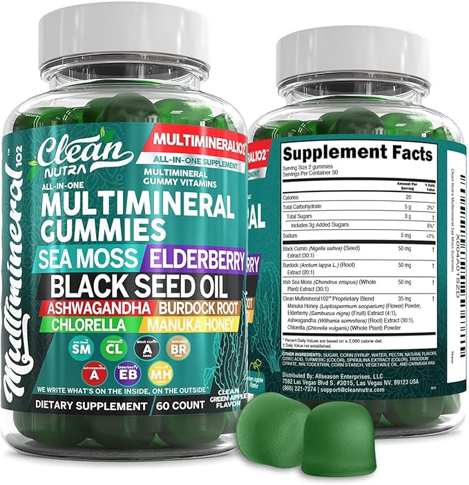 Clean Sea Moss Gummies | Black Seed Oil Ashwagandha, Elderberry, Burdock Root, Chlorella, Manuka Honey - Vegan Irish Sea Moss Gummy Vitamins For Adults Kids Men Women - Multimineral Green Apple Flavor