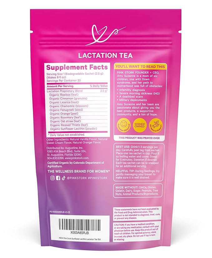 Pink Stork Sunflower Lecithin Lactation Tea, Clogged Milk Duct Support Tea with Fenugreek for Breast Milk Flow, Breastfeeding & Pumping Essentials - Vanilla Orange, 15 Sachets