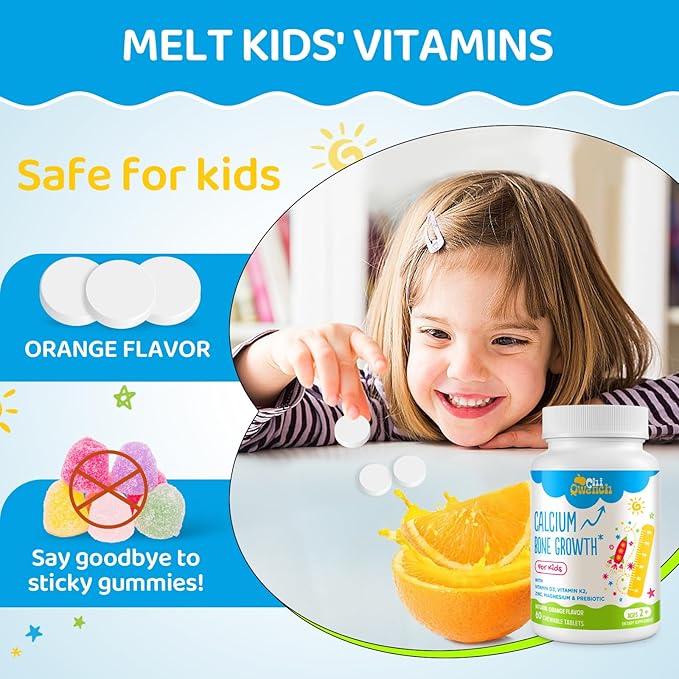 500 MG Calcium Supplement with Vitamin D3 & K2, Zinc, Magnesium & Prebiotics. Kids Vitamins for Kids' Height. Bone Strength, High Absorption, Orange Chewables, Gluten Free, 120 Tabs