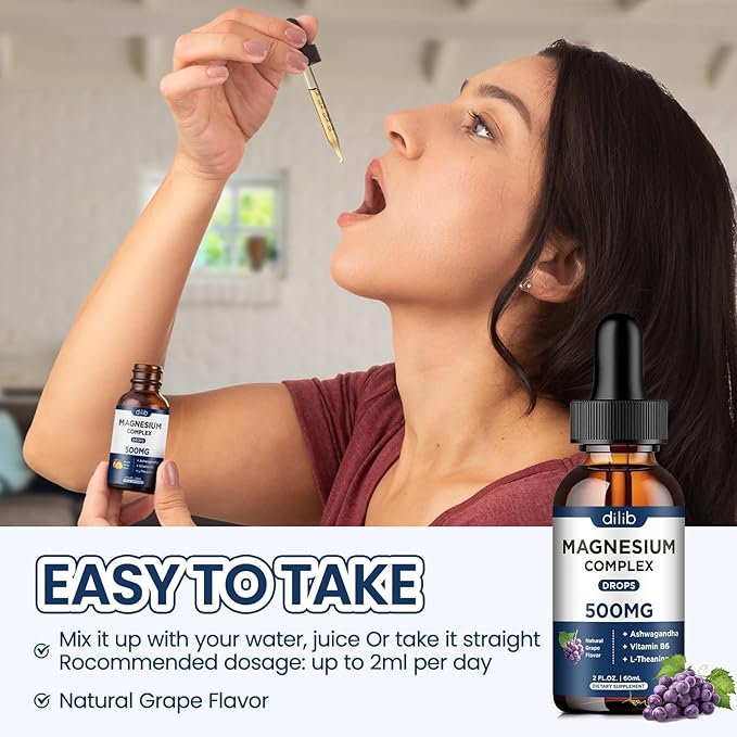 Magnesium Glycinate Liquid Drops, Magnesium Glycinate Supplement 500mg with Citrate, Malate, Ashwagandha, L-Theanine, Vitamin B6 for Sleep, Stress Relief, Bone, Muscle, Mood, Grape Flavor 2 Fl Oz