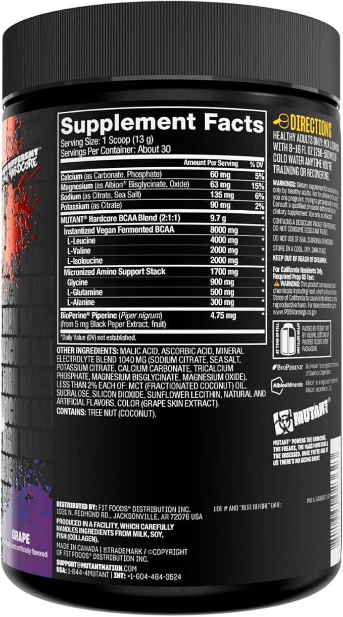 Mutant Hardcore BCAA - Pre, Intra or Post Workout – BCAA Next Level branched-Chain Amino Acids Supplement – Hydration + Recovery - 30 Serving - Grape