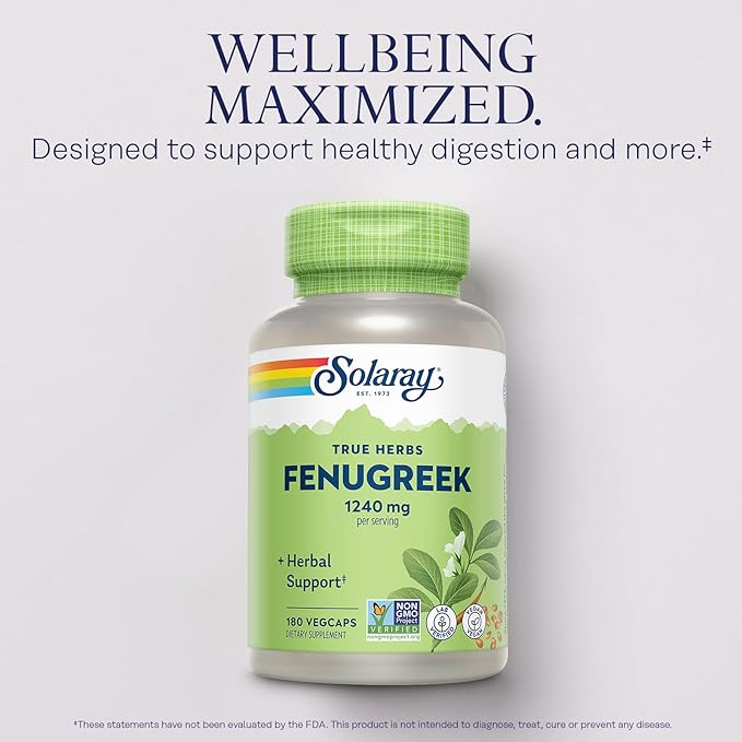 SOLARAY Fenugreek Seed 1240 mg, Healthy Digestion Support and More, Vegan and Lab Verified for Quality, 90 Servings, 180 VegCaps