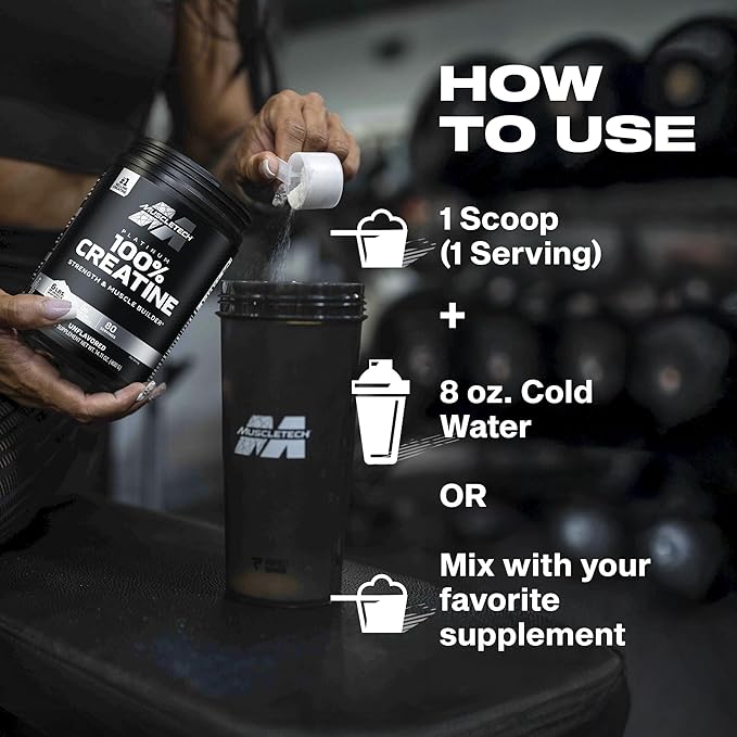 Creatine Monohydrate Powder MuscleTech Platinum Pure Micronized Muscle Recovery + Builder for Men & Women Workout Supplements Unflavored (80 Servings)