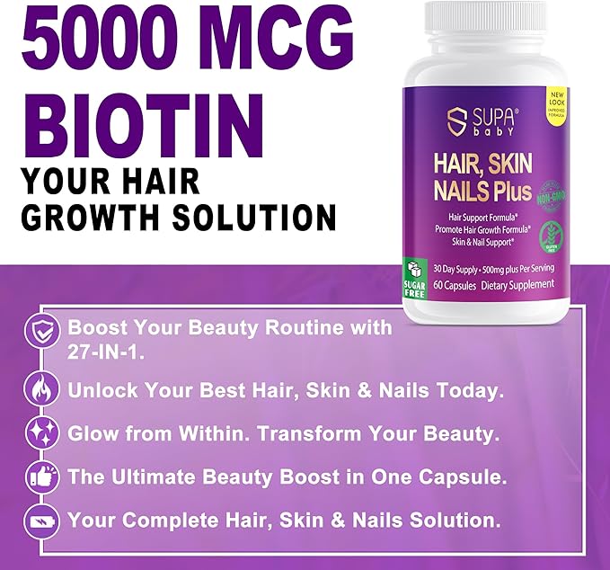 Hair, Skin & Nails – Expertly Formulated for Women with Biotin, Collagen & Antioxidants | Supports Hair Growth, Glowing Skin & Strong Nails | Non-GMO | Gluten-Free | Lactose Free