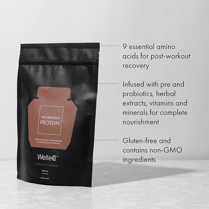WelleCo, Nourishing Protein, Premium Organic Sprouted Brown Rice & Pea Protein, Chocolate Flavour, 300g (10.5oz) Pouch