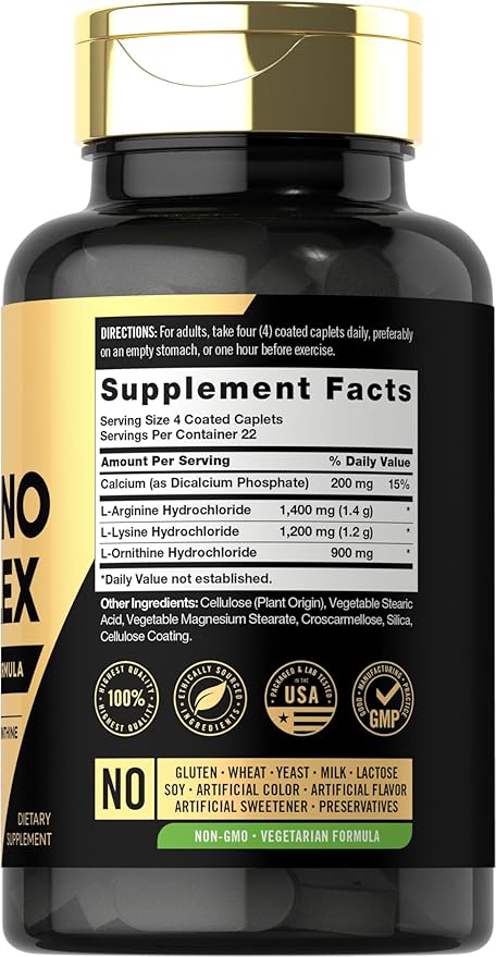 Carlyle Tri-Amino L-Arginine L-Ornithine L-Lysine Supplement | 90 Caplets | Vegetarian, Non-GMO, Gluten Free