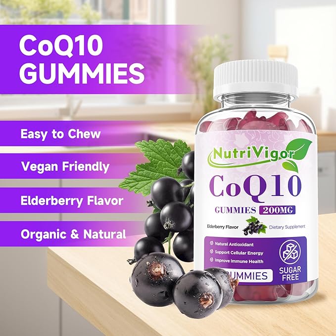 CoQ10 Gummies, Coenzyme Q10 Supplement 200mg, High Absorption CoQ10 Supplement for Cellular Energy and Immune Health, Vegan, Gluten Free, Elderberry Flavor, 120 Count