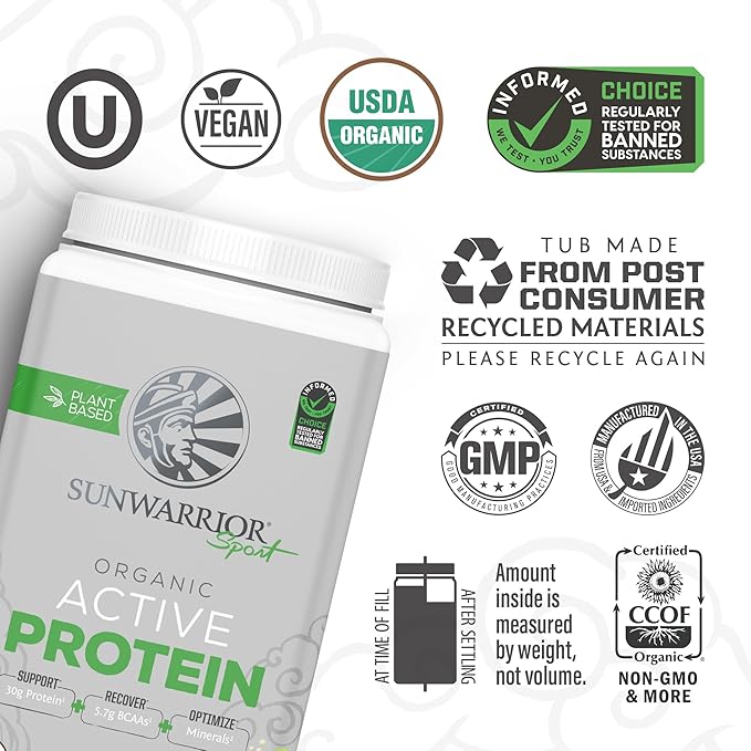 Vegan Protein Powder Plant-Based USDA Organic BCAAs | 30g per Serving | Sugar, Gluten, Dairy Free Non-GMO | Unflavored, 20 Servings | Active Sport