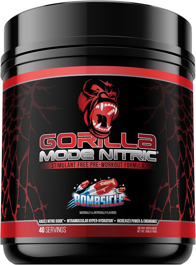 Gorilla Mode Nitric Upgraded Stimulant Free Pre-Workout – Best Tasting and Most Effective Stimulant Free Pre-Workout/Massive Pumps · Vasodilation · Power / 768 Grams (Bombsicle)