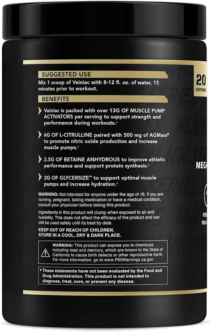 Anabolic Warfare Veiniac Muscle Pump Activator Supplement Stimulant Free Pre-Workout with L-Citrulline, Betaine Anhydrous, & Added AGMass™, Increases Nitric Oxide*, Natural 20 Servings