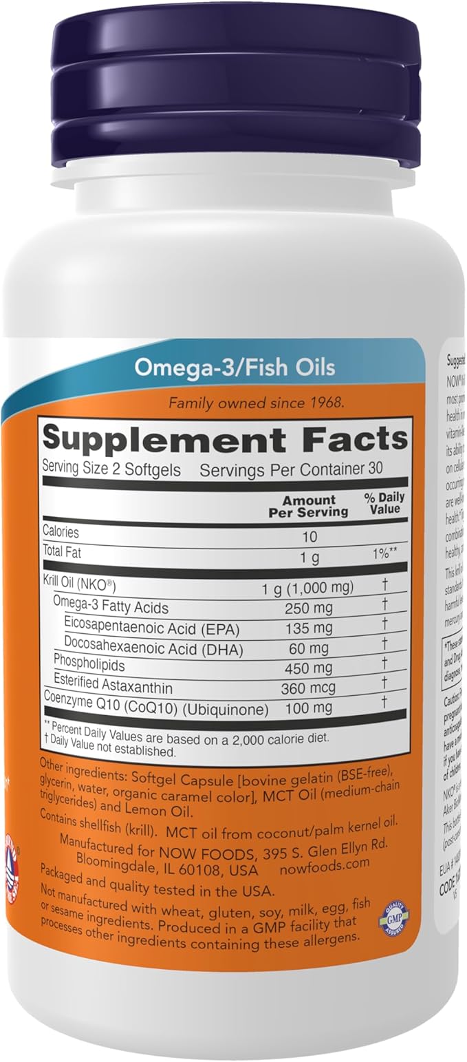 NOW Foods Supplements, Krill & CoQ10, Phospholipid-Bound Omega-3, Heart Support*, 60 Softgels