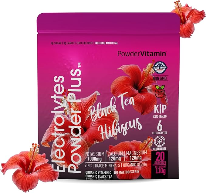 Electrolytes Powder Plus (20 Servings) Black Tea Hibiscus Electrolyte Powder Keto, Sugar Free, Pink Himalayan Salt,1000mg Potassium,120mg Calcium,120mg Magnesium, Hydration Powder