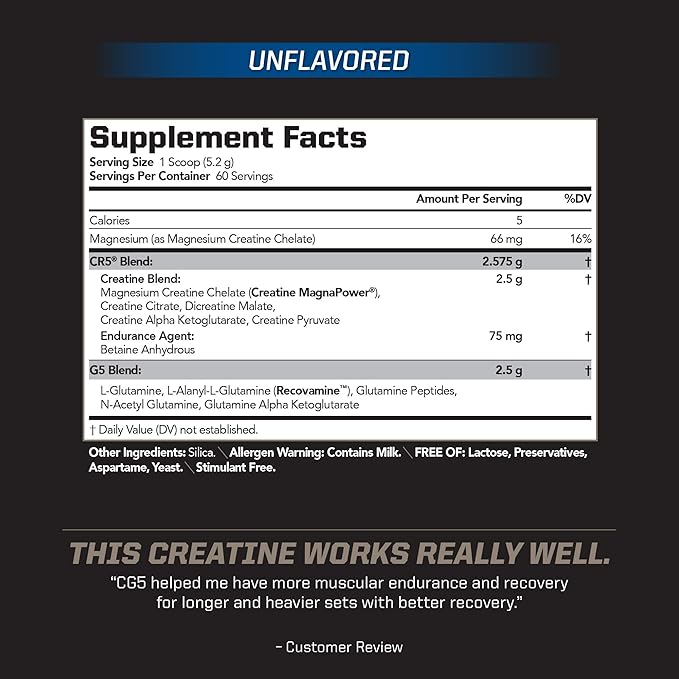 PMD Sports CG5 Premium Creatine & L Glutamine Powder, Power Recovery, Build Lean Muscle, Increase Workout Performance, Maximum Strength Pre Workout & Post Workout, Unflavored, 60 Servings